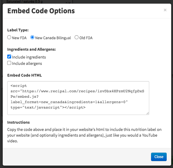 Embed code options for ReciPal nutrition labels