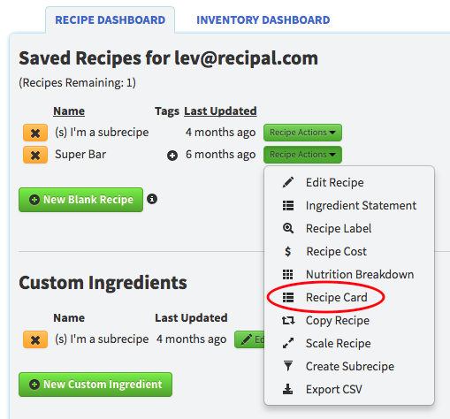 Recipe Card Menu